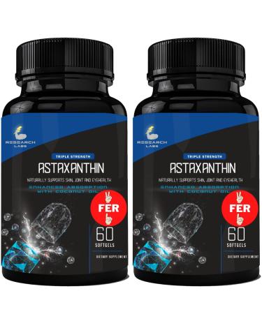 Research Labs Triple Strength Natural Astaxanthin 12mg Softgels 2 Fer 1 Ad w/ Organic Coconut Oil for Enhanced Absorption. Powerful Antioxidant Supports Eye, Joint & Heart Health. 120 Total Softgels