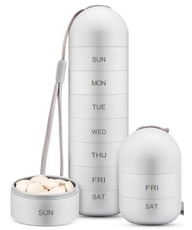 Zannaki Metal Moisture Proof Weekly Pill Organizer Stackable Aluminum Alloy BPA Free Travel Hiking 7 Day Pill Box Case Waterproof and Large Compartment to Hold Pills Vitamins Fish Oil Supplements Silvery White