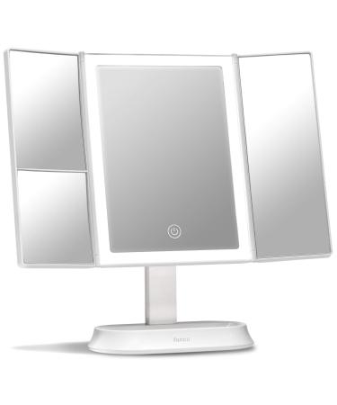 Fancii Makeup Mirror with Natural LED Lights  Lighted Trifold Vanity Mirror with 5X & 7X Magnifications - 40 Dimmable Lights  Touch Screen  Cosmetic Stand - Sora (White)