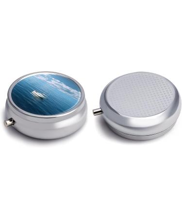 Round Pill Box - White Boat on Blue Sea Print | 3 Compartment Portable Pill Organizer | Decorative Metal Pocket Medicine Case - Style 33 - Buy Online on GoSupps.com