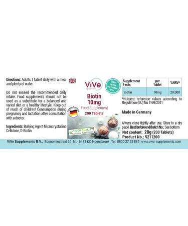 Biotine 10mg - 200 comprim s - D-Biotine - Dosage lev - Biodisponible - Qualit allemande - ViVe Supplements - Buy Online on GoSupps.com