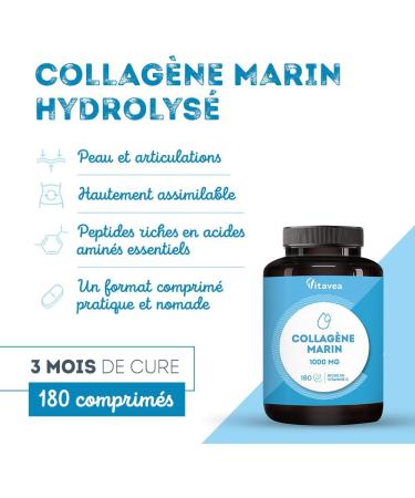 Marine Collagen Type 1&3 1000mg | Low molecular weight high absorption | Hydrolyzed Marine Peptides | With Vitamin C | Skin & Joints | 180 tablets 3 months | Made in France | Vitavea - Buy Online on GoSupps.com