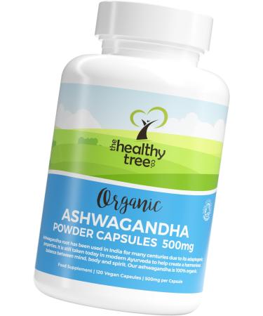 Organic Ashwagandha Capsules by TheHealthyTree Company - Vegan 100% Natural Ayurvedic Adaptogenic Herb for Mind Body and Spirit - 120 x 500mg Ashwagandha Root Tablets