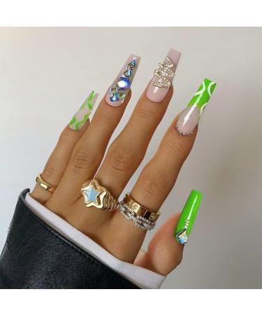 VOTACOS Long Coffin Fake Nails Nude with Gem Snake Design - Glossy Stick on Nails for Women - Buy Online on GoSupps.com