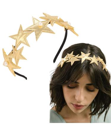 EARENT Gold Star Headband Five-pointed Stars Headpiece Hair Hoop Cute Pearl Hair Band Holiday Party Costume Hair Accessories for Women and Girls