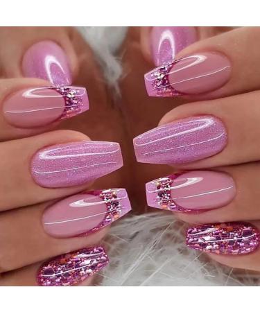 French Tips Press on Nails Medium Coffin Nails 24Pcs Hot Pink Glue on Nails with Glitter Design Medium Fake Nails Glossy Medium Square Acrylic Nails for Women Girls Acrylic Nails001