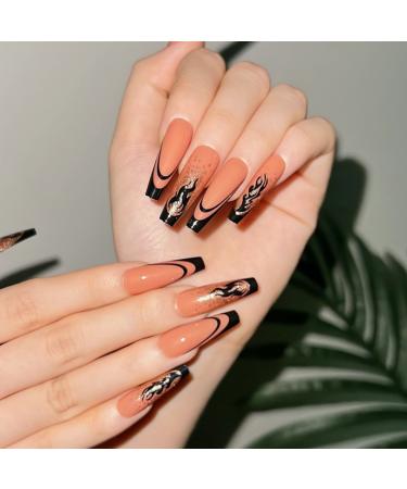 JUSTOTRY 24 Pcs Flame Fake Nails Long Black French Press on Nails Patterns Pretty Glitter Ballerina Stick on Nails for Women Acrylic Coffin False Nails Medium with Glue for Nail Art Flame & Black