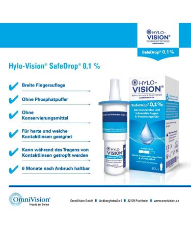 Hylo-Vision Safedrop 0.1% Eye Drops - Moisturizing Relief for Dry Eyes Burning & Tears - Preservative-Free Contact Lens Friendly 10 ml - Buy Online on GoSupps.com