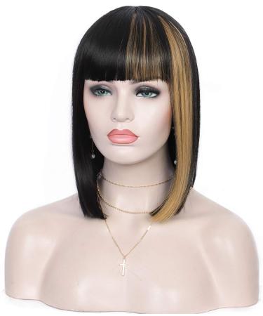 Kalyss Bob Short Hair Wig for Black Women Heat Resistant Yaki Synthetic Hair Women's Wig With Hair Bangs (Black With Strawberry Honey Blonde Strips)