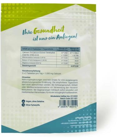 uHealth Calcium 250 mg - 120 Vegan Tablets | Bioavailable Citrate No Colorings or Preservatives - International Shipping - Buy Online on GoSupps.com