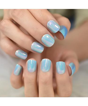 EchiQ Light Blue Laser Press On Nails - Metallic Mirror Like Fake Nails for Women - 24 pcs Short Medium Squoval Acrylic Full Cover False Nails - Buy Online on GoSupps.com