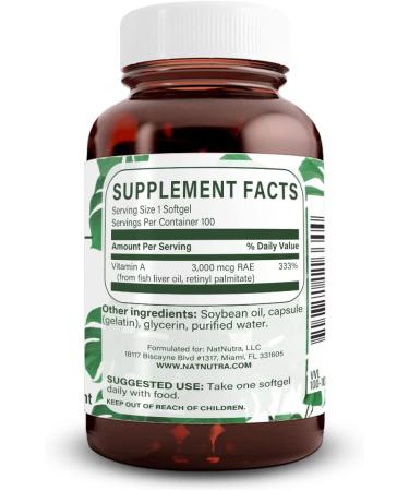 Natural Nutra Vitamin A 10,000 IU Retinol Palmitate Supplement from Cod Liver Oil - 100 Gluten Free Softgels for Eye, Skin, Nails and Immune Health - Omega 3 Rich - Buy Online on GoSupps.com