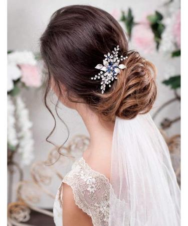 Bridal Sapphire Crystal Hair Comb Pearl Blue Crystal Leaf Marquise Hair Piece Prom Party Festival Wedding Hair Accessories Headwear accessories - Buy Online on GoSupps.com