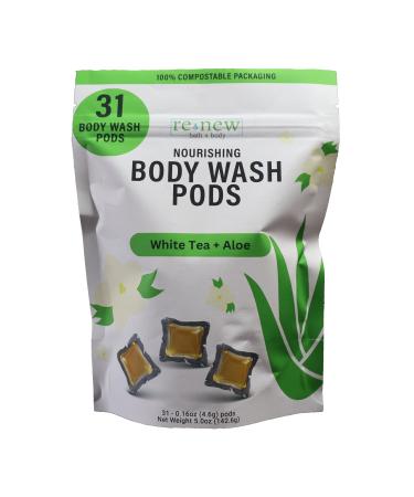 Renew Bath + Body Moisturizing Body Wash Pods White Tea & Aloe Scent Eco-Friendly and Cruelty Free Plant-Based Packaging - Plastic Free - Ocean Safe 31 Pods