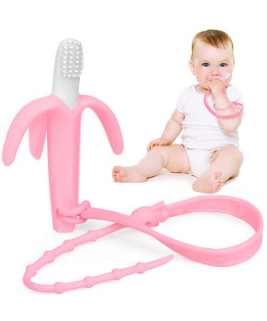 SHARE&CARE Baby Teether Toys Set Banana Teether and Anti Dropping Wrist Hand Teethers Baby Chew Toys (Pink+Pink)
