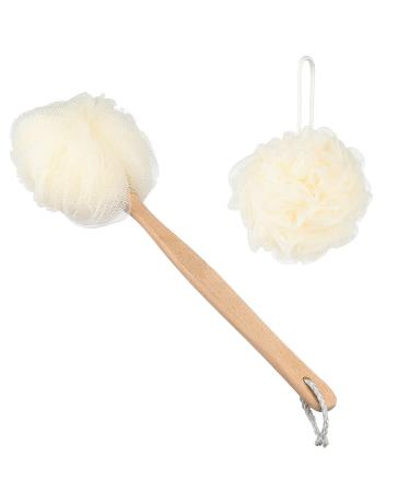 JulaJuyo Shower Back Scrubber  Loofah Sponge Set with Wood Long Handle Body Brush & 55g Bath Sponge  Soft Mesh Luffa on a Stick for Men Women  Exfoliating Showering Washer for Elderly (White)