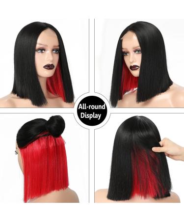 Red Peekaboo Synthetic Bob Wig for Women | Shoulder Length Black with Red Highlights | Blunt Cut Lace Front Bob Wig for Daily Party Wear - Buy Online on GoSupps.com