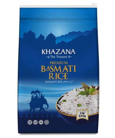 Khazana Premium Basmati Rice - 2lb Resealable Zipper Bag | NON-GMO, Gluten-Free, Kosher & Cholesterol Free | Aged Aromatic, Flavorful, Authentic Grain From India 2.0 Pounds
