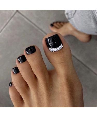 VOTACOS Press on Toenails Press on Nails Short Square 24PCS Fake Toeails with Rhinestone Designs Black French Tip Full Cover Glossy Toe Fake Nails Acrylic Toenails for Women Toe Nail X16 D2 Rhinestone