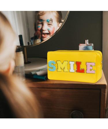 Yellow Nylon Waterproof Preppy Makeup Bag with Chenille Letter Patches - Women's Travel Organizer for Toiletries and Cosmetics - Buy Online on GoSupps.com