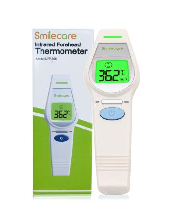 SmileCare Infrared Forehead Ear Thermometer Non-Contact Digital for Adults and Baby  Instant Readings with Fever Alarm and Object Mode 20 Memory Function(Beige)