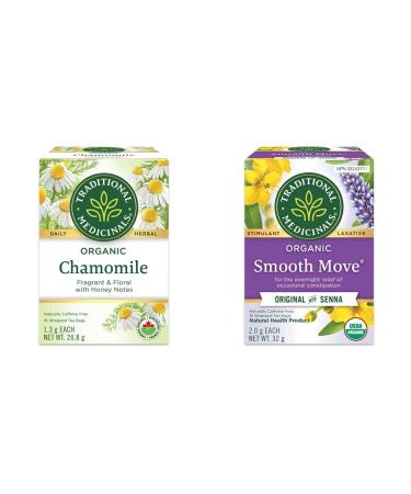 Traditional Medicinals Organic Chamomile Herbal Tea 16 Count Teabags & Organic Smooth Move Laxative Herbal Tea - Gentle Overnight Relief of Occasional Constipation - 16 Tea Bags Total Herbal Tea + Tea 16 Count (Pack of 1) Chamomile 16 Count (Pack of 1)