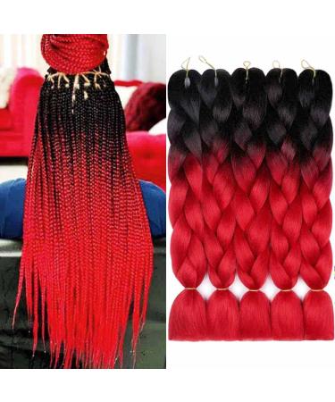 AIDUSA Ombre Braiding Hair 5pcs Synthetic Afro Jumbo Braiding Hair Extensions 24 Inch 2 Tone for Women Hair Twist Crochet Braids 100g(#01 Black to Red) 24 Inch (Pack of 5) #01 Black to Red