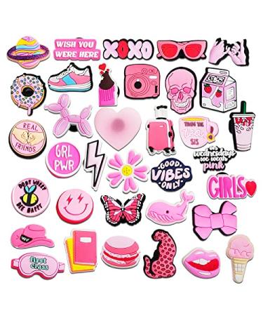 IOKUKI 35 PCS Pink Croc Charms for Girls Women, Aesthetic Shoe Decoration Charms for Crocs Clog Slides Sandals, Pink Party Favors