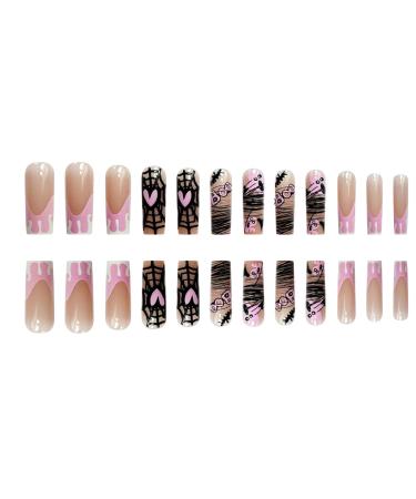 Buy 24 Pcs Long Coffin Halloween Press on Nails - SHANRUN Pink French with Spider Web Design | Full Cover Acrylic False Nails - International Shipping Available - Buy Online on GoSupps.com