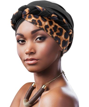 Dreshow African Women Turban Braid Headscarf - Black Leopard Print Chemo Cap & Sleeping Wrap - Buy Online on GoSupps.com