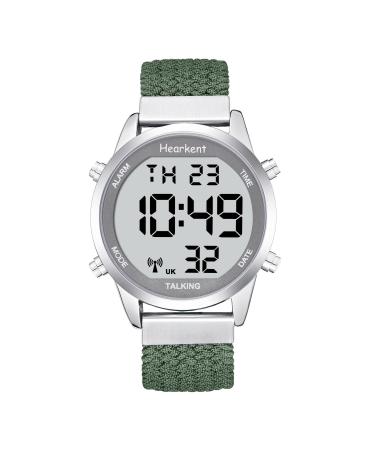 Hearkent Atomic Digital Talking Watch British English Speaking Pleasant Voice Big Numbers Radio-conrtolled Watch for Elderly Or Blind People Nylon Green