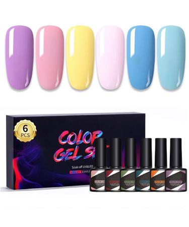 Gel Nail Polish Set 6 Colors Spring Summer Nail Polishes Set Candy Macaroon Pink Blue Purple Yellow Soak Off UV LED Lamp Nail Gel Polish Nail Art Manicure Kit Mother's Day Gifts for Women (8.5ML/PC) Set-15