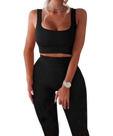 TWFRHC Women's Workout Sets Ribbed Tank 2 Piece Seamless High Waist Gym Outfit Yoga Shorts Sets 03black Large
