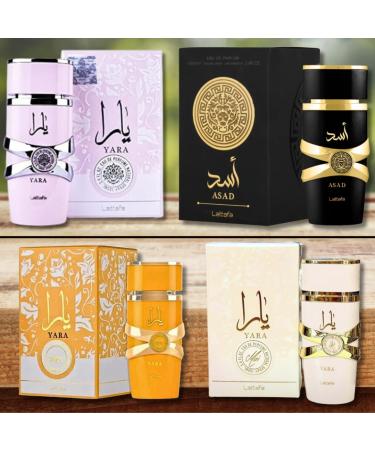 Lattafa for Unisex 4 Piece Eau de Parfum Gift Set (Yara for Women + Yara Moi for Women + Yara Tous for Women + Asad for Men) 3.4 Ounce/100 ml each 3.4 Fl Oz (Pack of 4) - Buy Online on GoSupps.com