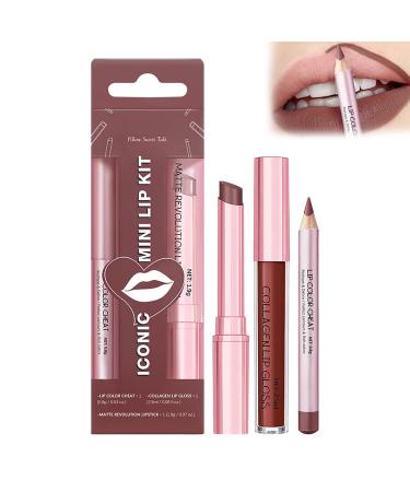 Generisch Set of 3 matte liquid lipsticks lip balm and lip pencil pink tinted moisturizing lip balm collagen lip gloss for dry lips waterproof (coffee)