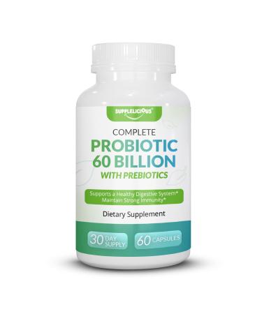 Supplelicious Complete Probiotic 60 Billion CFU with Prebiotics | Gut Health Digestive Balance Bloating Relief & Immune Support | 30 Strains | 60 Capsules | Non-GMO Gluten-Free Made in USA