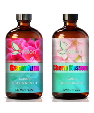 Cherry Blossom Essential Oil 4 Fl Oz and Geranium Essential Oil 4 Fl Oz - Cherry Blossom & Geranium Oil for Diffuser Aromatherapy Home Fragrance Skin & Hair Care DIY Candle & Soap Making Yoga