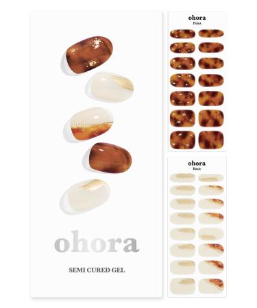 ohora Semi Cured Gel Nail Strips (N Amber Nuance) - Brown Patterned Works with UV/LED Lamps Salon-Quality Long Lasting Easy to Apply & Remove - Includes 2 Prep Pads Nail File & Wooden Stick