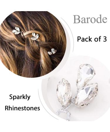 Barode Bridal Wedding Hair Pins Set of 3 - Water Drop & Leaf Rhinestone Headpieces in Silver for Women and Girls - Buy Online on GoSupps.com