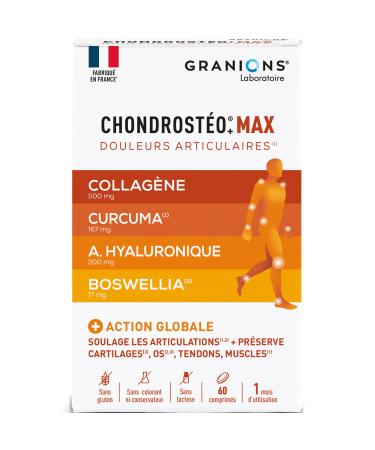 GRANIONS CHONDROSTEO+ MAX - Marine Collagen + Hyaluronic Acid + Turmeric + Copper + Turmeric + Bromelain + Vitamin D3 - Joint Pain Collagen - 60 Tablets 1 Month Made in France