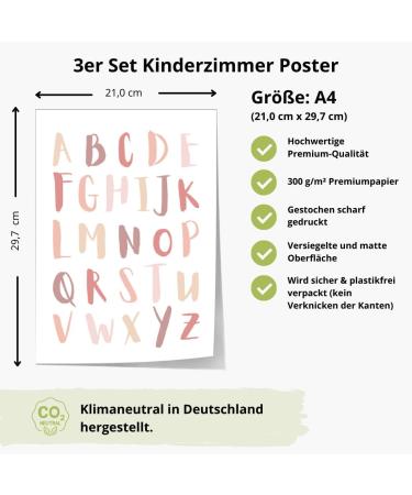 Meinbaby123 A4 Alphabet ABC Learning Posters - 3 Set for Kids' Room | Decorative Wall Art for Girls | Premium Rainbow & Number Posters in Pink - Buy Online on GoSupps.com