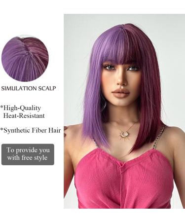OUFEI half-purple half-wine red Bob Wig With Bangs Short Straight Wig For Women Synthetic Hair Wigs for Daily Party Cosplay Wear - Buy Online on GoSupps.com