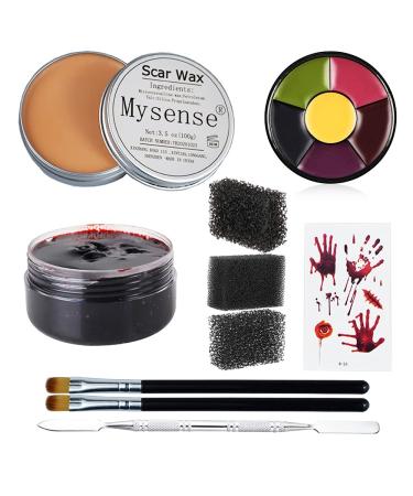 Mysense 3.5Oz(100g) Nose and Scar Wax SFX Make Up Special Effects Fake Molding Wound Skin Wax Halloween Stage Zombie Makeup with 6 Color Body Paint Spatula Fake Blood Gel Tatooes Stipple Sponges Wax&Blood&face paint 01