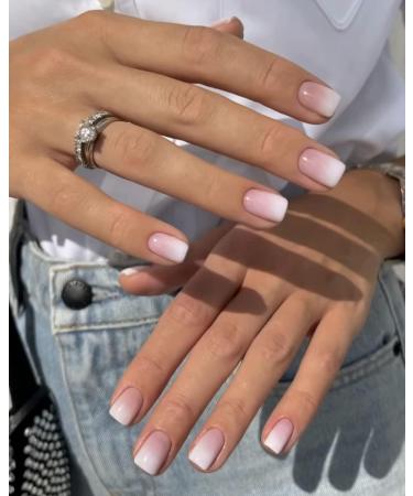 LADYING 24 Pcs Gradient Soft Gel False Nails Square Short Gel Handmade Press on Nails French Pattern White Fake Nails Short with Nail File Squoval Stick on Nails for Women Nails Art gel gradient& white1 - Buy Online on GoSupps.com