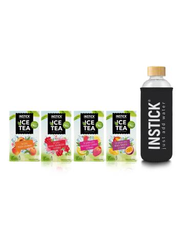 Intick Ice Tea |Sugar-free instant drink |Bundle S iced tea + glass bottle Borosilicate 1 L |4x12 sticks - 1 stick for 0.5-1 l |Drink powder - vegan low in calories with vitamin C flavored 4 iced teas + glass bottle