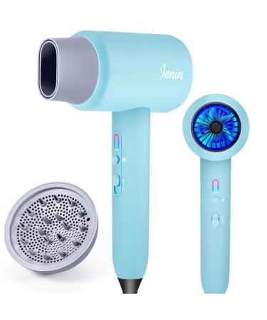 Hair Dryer Portable Ionic Blow Dryer with Diffuser and Concentrator Nozzle Diffuser Hair Dryer for Fast Drying Without Hair Damage Low Noise Lightweight Travel Hair Dryer 3 Temps Blue