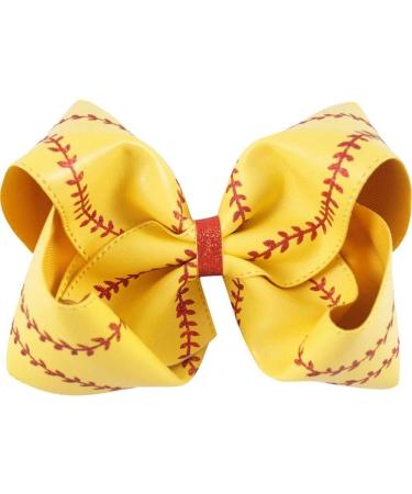 Bow Hairpin 7" Large Leather Baseball Bow Hairpin Softball Bow Hair Grips Hair Accessories Ponytail Holder Clip for Kids Girls Yellow