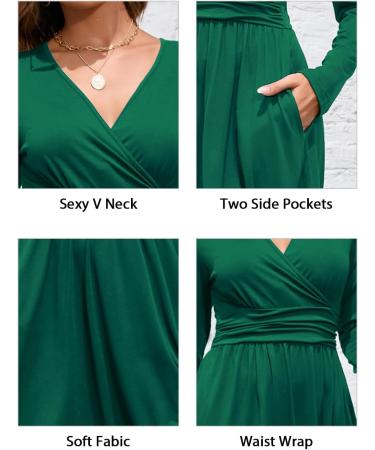 OUGES Women's Spring Casual Midi Dress | Long Sleeve V-Neck Floral Wrap Dress | Pockets | Green - Buy Online on GoSupps.com