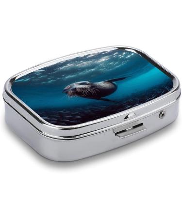 Underwater Sea Lion Print Pill Box | 2 Compartment Portable Pill Organizer - Decorative Metal Medicine Case for Pocket or Purse - Buy Online on GoSupps.com