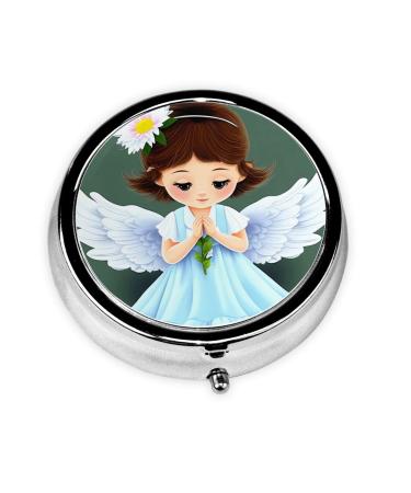 Cute Little Angel Portable Metal Pill Box Round Mini 3-Compartment Plastic Insert hinged Fastening Design Suitable for Small Pills Must-Have for Travel